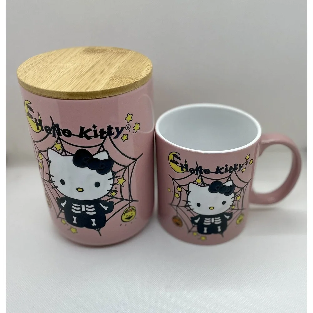 New Sanrio Hello Kitty Skeleton Pink Spiderweb 2023 Halloween Mug & Cookie Jar - Picture 3 of 8